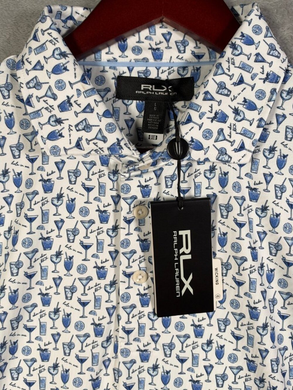 RLX Ralph Lauren Polo Shirt Mens L White Blue Drink Cocktail Print Golf Stretch